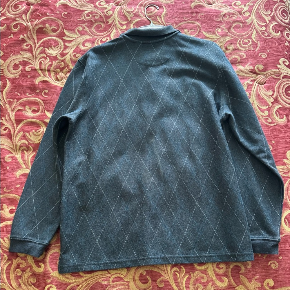 Haggar Argyle Polo Dark Gray Long Sleeve Collar Navy White Cotton Sweater Top - Picture 2 of 4